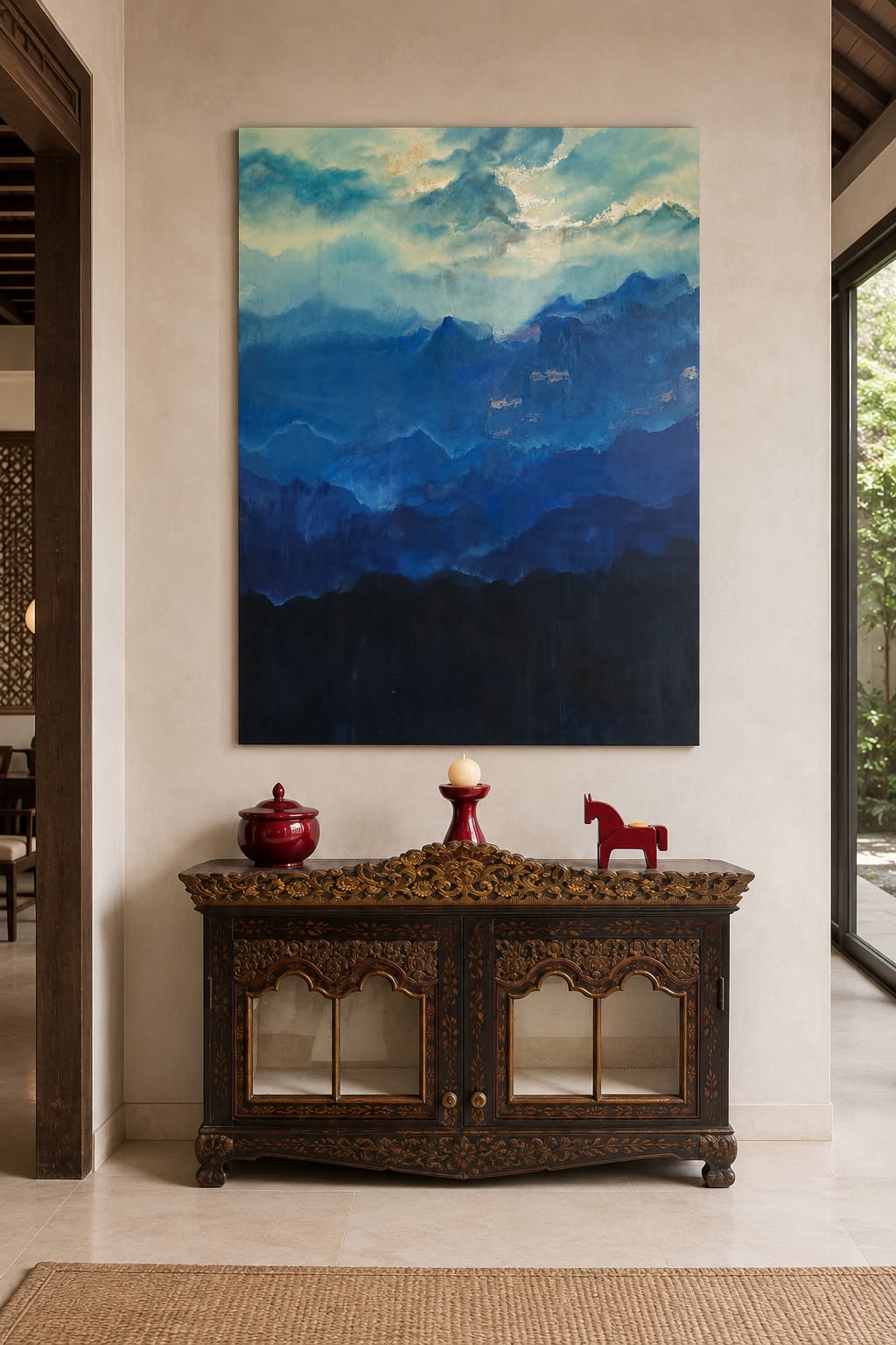Blue abstract landscape displayed above a carved cabinet